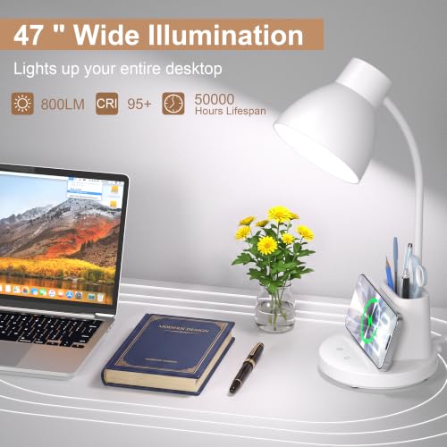 10W Wireless Charging LED Desk Lamp with Pen Holder, CRI 95, White | 800LM, 3 Modes, 360°Flexible Arm, Touch, Brightness, Table Lamp for Home Office, Dorm, Bedside, Study, Reading, with Adapter - color: White