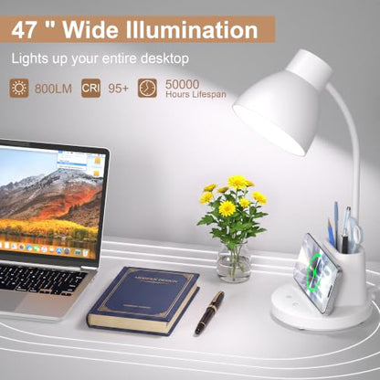 10W Wireless Charging LED Desk Lamp with Pen Holder, CRI 95, White | 800LM, 3 Modes, 360°Flexible Arm, Touch, Brightness, Table Lamp for Home Office, Dorm, Bedside, Study, Reading, with Adapter - color: White