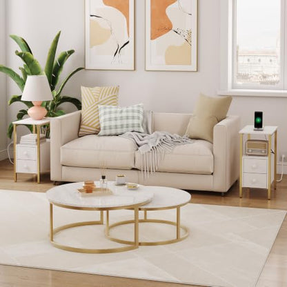 HOOBRO End Table with Charging Station, Narrow Side Table with 2 Drawer & USB Port & Power Outlets, Nightstand for Small Spaces, Stable and Sturdy, for Living Room, Bedroom, Gold and White DW541BZ01 - color: Gold + White
