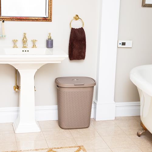 Mind Reader Slim Laundry Hamper with Lid, 40L Clothes Basket, Narrow Tapered Design with Ventilated Cutout Pattern, Plastic, Tan - color: Tan, size: Single