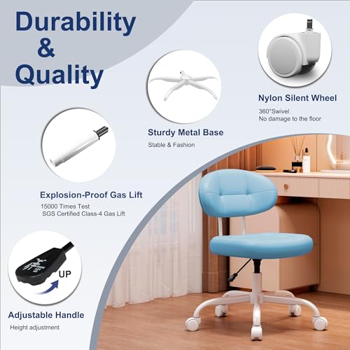 Misolant Vanity Chair with Back, Small Armless Cute Office Chair with Wheels and Lumbar Support, Comfy PU Leather Desk Computer Chairs with Adjustable Height, 360°Swivel for Home Bedroom Office, Blue - color: Blue