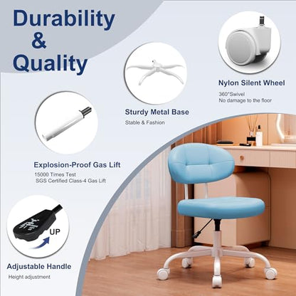 Misolant Vanity Chair with Back, Small Armless Cute Office Chair with Wheels and Lumbar Support, Comfy PU Leather Desk Computer Chairs with Adjustable Height, 360°Swivel for Home Bedroom Office, Blue - color: Blue
