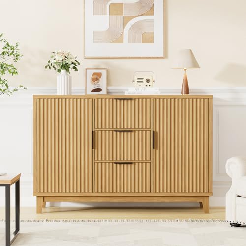 47.2" W Storage Cabinet with 3 Drawers, Fluted Buffet Cabinet with Storage | Large Sideboard with 2 Doors, Modern Mid Century TV Stand Coffee Bar Cabinets for Living Room, Kitchen, Entryway, Wood Grain - color: Wood Grain, size: 3 Drawers - 15.7"D x 47.2"