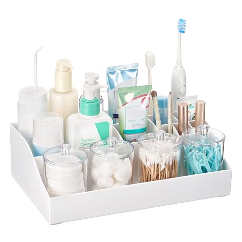Vtopmart 5 PCS Bathroom Countertop Organizer Sets, White | 1 Divided Tray with 4 Qtip Holder Jars, For Toothbrush, Cotton Pads Balls, Floss, For Bathroom Countertop - color: White