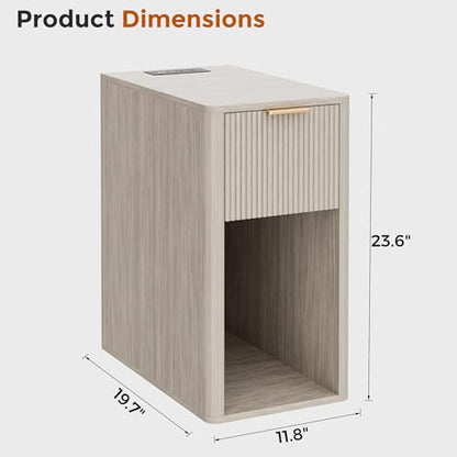 Homleke Narrow End Table with Fluted Drawer & Charging Station | Compact Nightstand with USB Ports & Outlets, Bedside Table for Bedroom, Living Room, Modern Accent Table, Light Gray Oak - color: Light Gray Oak