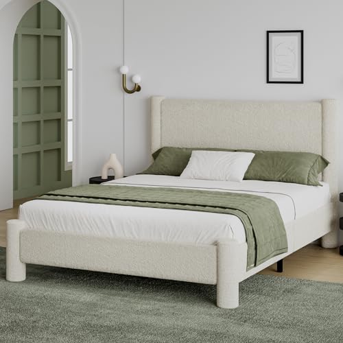 REVOMINCA Full Boucle Bed Frame with Headboard & Footboard, Cream | Upholstered platform frame has soft rounded corners, needs no box spring, and offers easy assembly. - color: Cream, size: Full