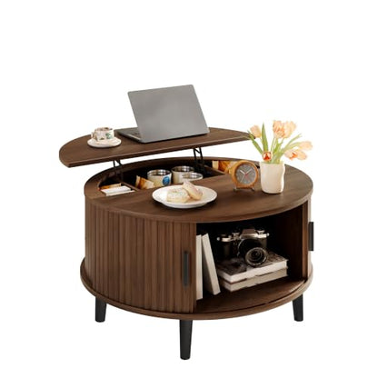 DreamDashio 31.5" Round Lift Top Coffee Table with Hidden Storage, Mid Century Modern Fluted Coffee Tables with Sliding Tambour Door, Small Wood Center Tables for Living Room, Small Space, Walnut