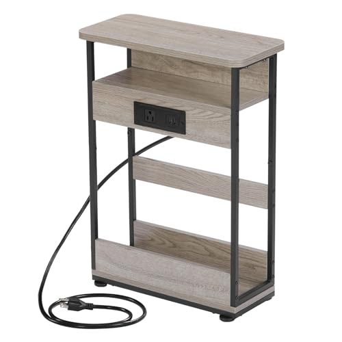 YEAKOO Narrow Side Table with Charging Station, 3-Tier End Table with 2 USB Ports & Power Outlets,Thin Sofa Side Table for Narrow and Small Spaces, Bedside Table Nightstand for Living Room,Oak - color: Oak