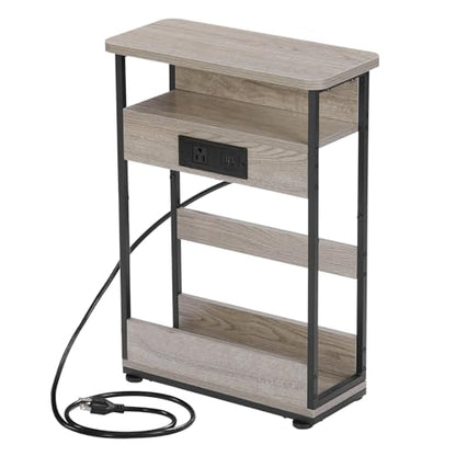 YEAKOO Narrow Side Table with Charging Station, 3-Tier End Table with 2 USB Ports & Power Outlets,Thin Sofa Side Table for Narrow and Small Spaces, Bedside Table Nightstand for Living Room,Oak - color: Oak