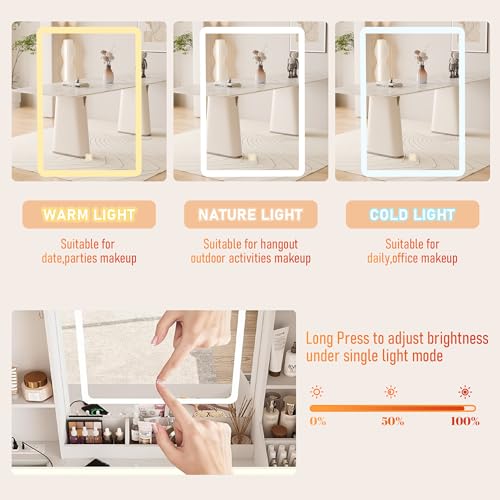Vanity Desk with Mirror and LED Lights, Makeup Vanity Set with Power Outlet, and Stool,Jewelry Storage,White Vanity Desk for Bedroom - style: White