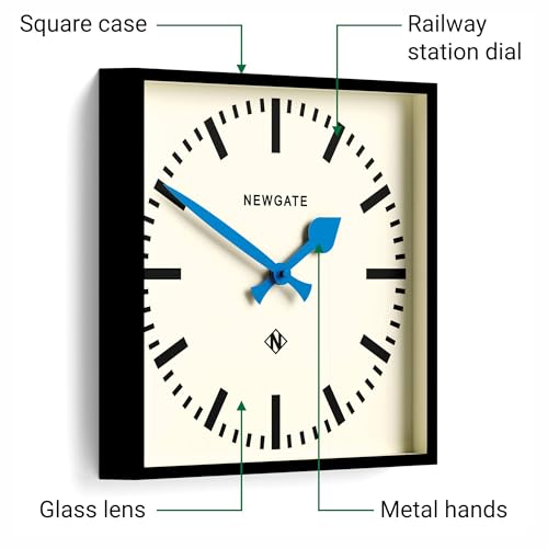 NEWGATE® Number Five wall Clock | Square Retro Inspired Modern Station Clock | 16" | Black with Blue Hands | Mid-Century Style for Kitchen, Living Room or Office - color: Blue