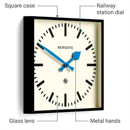 NEWGATE® Number Five wall Clock | Square Retro Inspired Modern Station Clock | 16" | Black with Blue Hands | Mid-Century Style for Kitchen, Living Room or Office - color: Blue