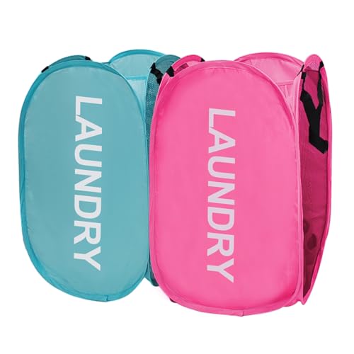 Collapsible Laundry Hamper 2 pack Mesh Pop Up Laundry Hamper with Handles, Foldable Laundry Basket for Bedroom, College Dorm, RV, Travel (Pink + Sky Blue) - color: Pink + Sky Blue