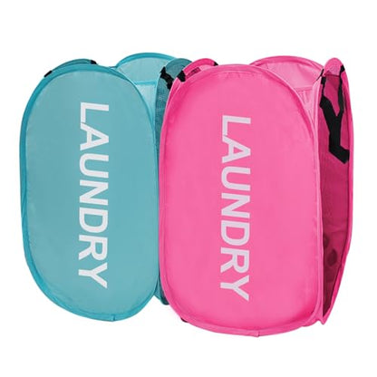 Collapsible Laundry Hamper 2 pack Mesh Pop Up Laundry Hamper with Handles, Foldable Laundry Basket for Bedroom, College Dorm, RV, Travel (Pink + Sky Blue) - color: Pink + Sky Blue