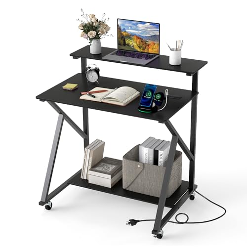 GIANTEX Rolling Small Desk with Storage, Compact Computer Desk for Small Spaces with Charging Station, Monitor Stand, Lockable Wheels, Study Writing Desk for Home Office, Bedroom (Black) - color: Black, size: 25"D x 32"W
