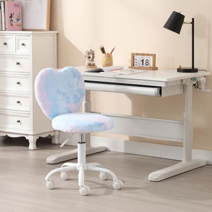 chairus Kids Desk Chair Faux Fur Study Chair for Teenage Girls, Adjustable Heart Shaped Kids Vanity Chair for Bedroom Reading Living Room, Small Cute Student Task Chair with White Foot, Baby Blue - color: Baby Blue