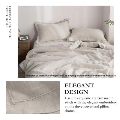Simple&Opulence 100% Linen Duvet Cover Set with Embroidery Border Washed - 3 Pieces (1 Duvet Cover with 2 Pillow Shams) with Button Closure Soft Breathable Farmhouse - Linen, Full Size - color: Linen, size: Full