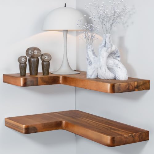 BATODA Acacia Wood Corner Floating Shelves 17" x 12"– Corner Shelf Wall Mounted - Floating Book Shelves for Wall - Brackets and Shelving Hardware Included for Kitchen, Living Room, Bathroom (Set 2) - color: Acacia