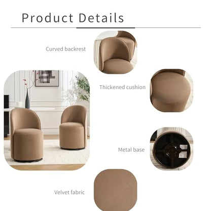 Penau Swivel Dining Chair, Velvet Barrel Seat, Brown | Velvet Upholstery, 360 Degree Swivel, Curved Backrest, Compact Seating For Dining Room And Vanity
