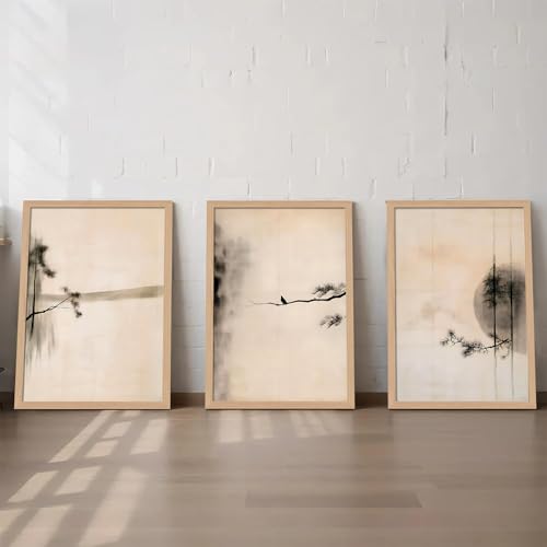 japanese zen wall art set of 3, Scandinavian Pine Tree Canvas Prints | Abstract Ink Landscape Canvas Prints, Neutral Pine Tree and Bird Artwork, for Living Room Bedroom Office 12x16 Inch - color: smallbirdbranch, size: 12x16 Inch