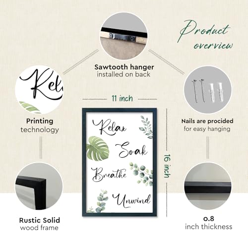 Boho Bathroom Wall Decor Relax Soak Unwind Breathe 11x16 Wood Frame Sign | Botanical wall art with calming green foliage and soothing bath quotes. A natural accent for any spa-like bathroom space. - color: Relax Soak Breathe Unwind (Black), size: 11"L x 1