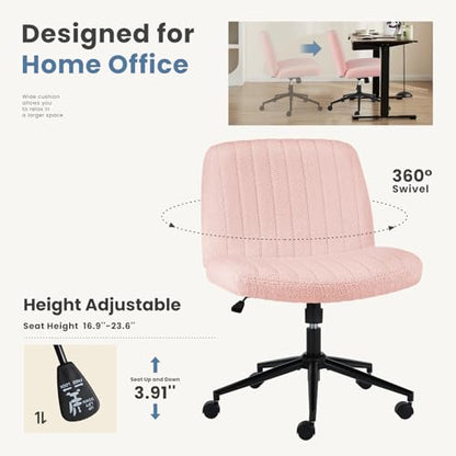 DUMOS Criss Cross Chair with Wheels, Wide Cross Legged Office Desk Vanity Chairs, Armless Height Adjustable Swivel Chairs for Home Computer Task, Teddy Fleece, Pink Wheel - color: Pink Wheel