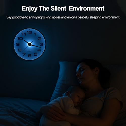 JoFomp Lighted Wall Clocks Battery Operated, 10 Inch Wall Clock for Bedroom Night Glow, Night Light Wall Clock Silent, Glow in The Dark Wall Clocks for Living Room Decor, Light Sensor - Auto Lighting - size: 10 Inch