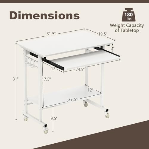 Tangkula Rolling Computer Desk Cart with Keyboard Tray, Mobile Portable Laptop PC Desk with CPU Stand & 3 Hooks for Sofa & Bed, Compact Small Desk on Wheels for Small Spaces (White) - color: White