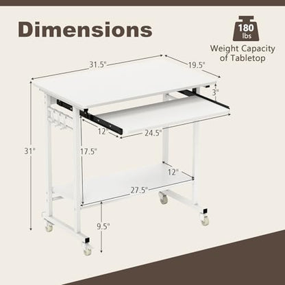 Tangkula Rolling Computer Desk Cart with Keyboard Tray, Mobile Portable Laptop PC Desk with CPU Stand & 3 Hooks for Sofa & Bed, Compact Small Desk on Wheels for Small Spaces (White) - color: White