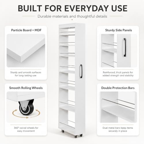 7-Shelf Tall Narrow Storage Cabinet with Wheels, 71 Inch, White | Slim Pull-Out Organizer, 7.87 Inch Wide for Small Spaces Between Washer/Dryer, Kitchen, Bathroom and Laundry Room - color: E-white