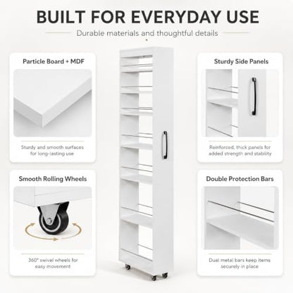 7-Shelf Tall Narrow Storage Cabinet with Wheels, 71 Inch, White | Slim Pull-Out Organizer, 7.87 Inch Wide for Small Spaces Between Washer/Dryer, Kitchen, Bathroom and Laundry Room - color: E-white