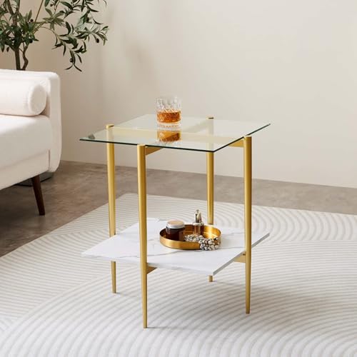 LumFurn Square Glass End Table, Mid-Century Modern Side Table for Living Room, L18xW18xH23inch, Clear Glass and White Marble MDF Wood, Gold Finish Frame - color: L18" Clear & White Marble