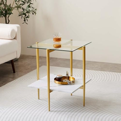 LumFurn Square Glass End Table, Mid-Century Modern Side Table for Living Room, L18xW18xH23inch, Clear Glass and White Marble MDF Wood, Gold Finish Frame - color: L18" Clear & White Marble