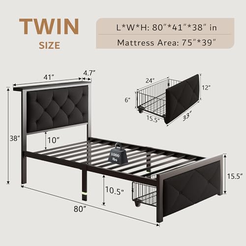 iPormis Twin Bed Frame for Kids with Storage Drawers, Linen Upholstered Headboard Platform Bed with Charging Station, No Box Spring Needed, Metal Slats Support, Noise-Free, Easy Assembly, Black - color: Black, size: Twin