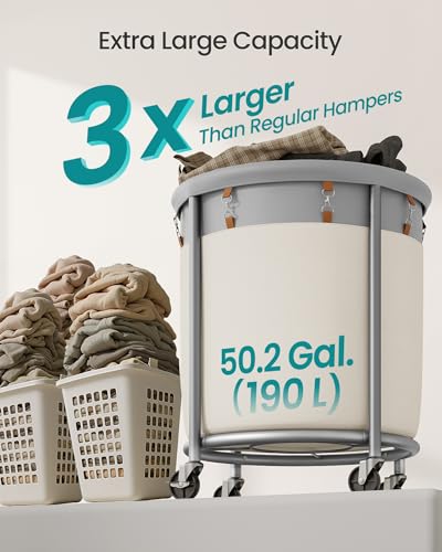 SONGMICS Laundry Basket, Rolling Steel Frame with 2 Locking Wheels, 190 L | Heavy-Duty Laundry Hamper Cart with Removable Bag, Dove Gray and Cream White, URLS001GD02 - color: Dove Gray + Cream White, size: 190 L (1-Section)