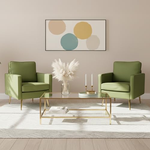 VINGLI Modern Accent Chair, Upholstered Faux Leather PU Armchair with Thick Cushion & Metal Legs, Comfortable Reading Chair for Living Room, Bedroom, Office, Green