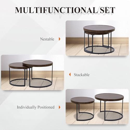 Cabana Chic Nesting Tables with Ottomans, Outdoor Round Side Table, Nesting Coffee Table Set, 2 Tables 1 Ottoman, Brown/Blue - color: Brown/Blue