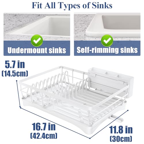 SNTD Dish Drying Rack for Kitchen Counter, 11.8" W x 16.7" L, White | Rustproof Stainless Steel, Large Capacity, Self-Draining Drainboard, Rotating Spout, Removable Utensil Holder - color: White