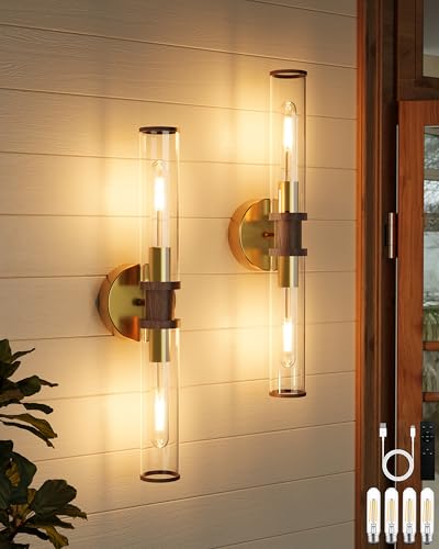 Rayogale Gold & Walnut Wireless Battery Operated Wall Sconces with Remote | Glass Rechargeable Wall Lights Set of 2 with Timer Function Dimmable for Living Room Bedroom Emergency 3000K, 20.5 Inch - color: Gold & Walnut(Clear Tubular Lampshade)