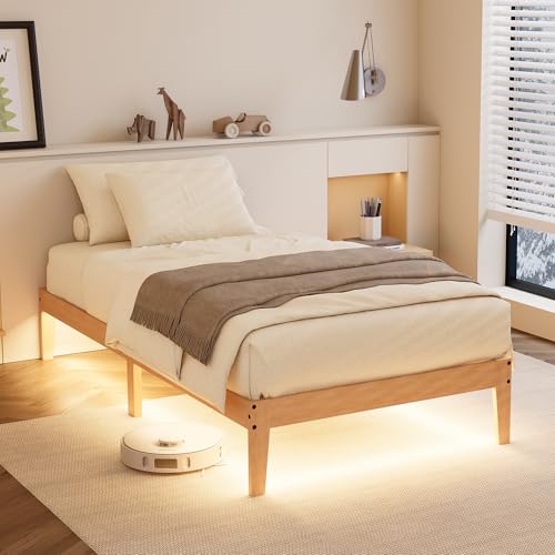 Twin Size Wood Bed Frame with LED Lights, 12 Inch Solid Wood Platform Bed | Natural Finish Platform Bed with 8.7-Inch Under Bed Space, Wooden Slats Support, No Box Spring, Noise Free & Easy Assembly - size: Twin