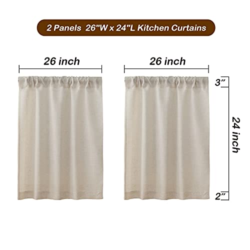 Valea Home Linen Kitchen Curtains 24 Inch Length Rustic Farmhouse Crude Short Cafe Curtains Rod Pocket Tiers for Small Window Bathroom Basement, Natural, 2 Panels - size: 26"W x 24"L (Pack of 2)