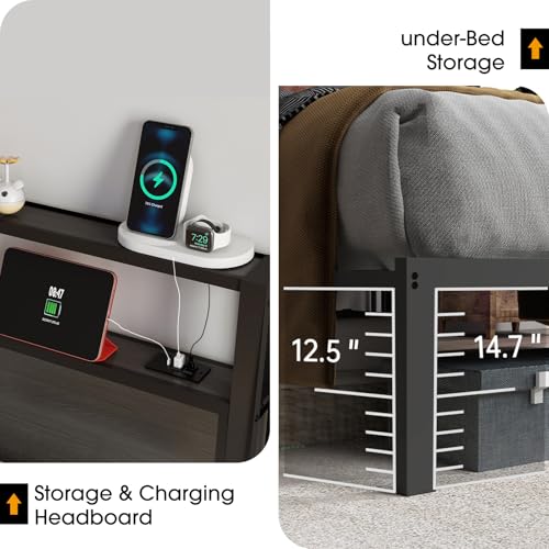 RVONOW King Size Bed Frame with 2-Tier Storage Headboard, Dark Grey | Wooden headboard with LED lights, built-in charging station, No Box Spring Needed, Noise Free, Easy Assembly, Modern Bedroom - color: Dark Grey, size: King
