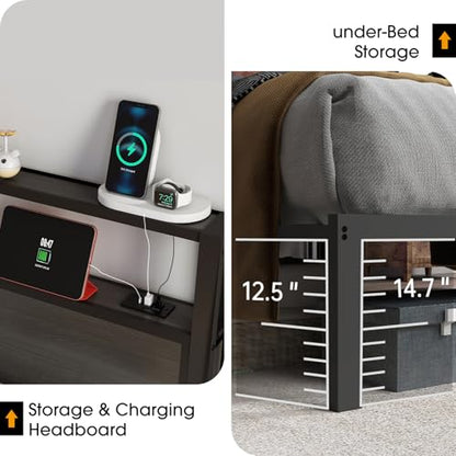 RVONOW King Size Bed Frame with 2-Tier Storage Headboard, Dark Grey | Wooden headboard with LED lights, built-in charging station, No Box Spring Needed, Noise Free, Easy Assembly, Modern Bedroom - color: Dark Grey, size: King
