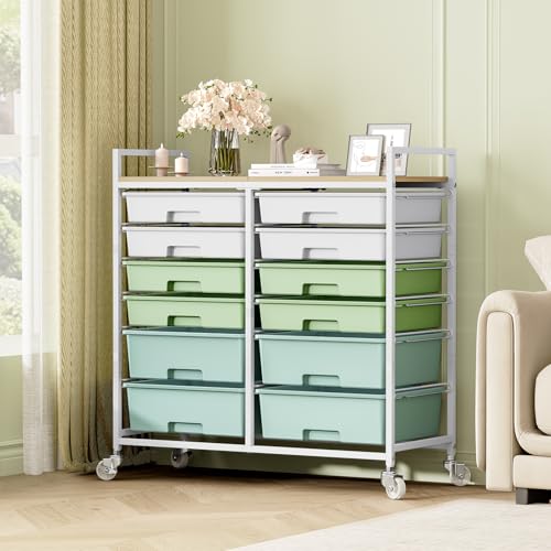 TOOLF 12 Drawers Rolling Storage Cart with Wooden Top for Classroom,Green | Teacher Cart Craft Art Supply Organizer, Utility Cart with Lockable Wheels for Home Household Essentials, Office Organization - color: Green