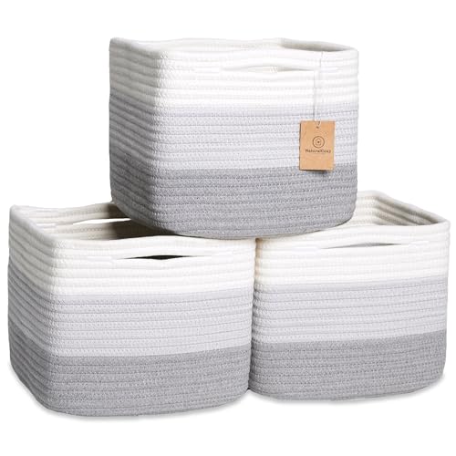 NaturalCozy Storage Cubes 9”x9”x7”Cotton Rope Woven Baskets for Organizing 3-Pack | 9 Inch Cube Storage Bin | Small Basket for Shelf Nursery, Pantry, Decorative Plant, Bathroom Closet, Toy Gift - color: 3-Tone Gray