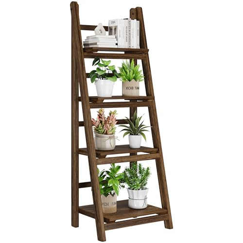 Ladder Shelf 4-Tier Foldable Solid Wood Bookshelf Plant Stand | Folding Wooden Ladder Bookshelf, Plant Stand for Small Space, Display Rack for Living Room, Bedroom, Balcony, Rustic Brown - color: 4-tier/Dark Brown