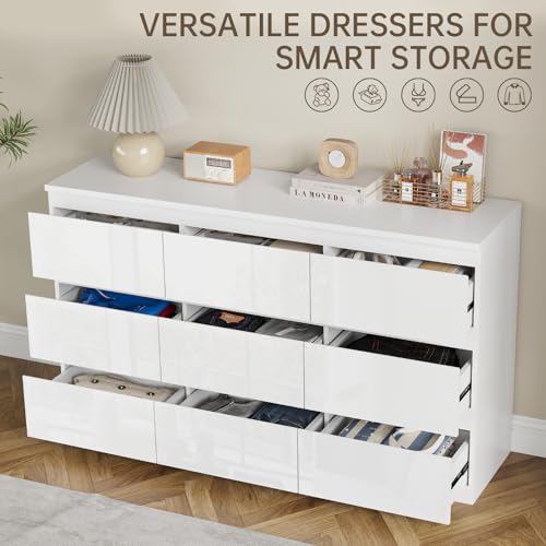 White 9 Drawer Dresser for Bedroom Wooden 55" Wide | Modern, Handle-Free, long, for Living Room, Entryway, TV Stand - size: 15.4"D x 33.9"W x 55.1"H (9 Drawers)