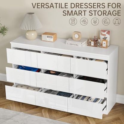 White 9 Drawer Dresser for Bedroom Wooden 55" Wide | Modern, Handle-Free, long, for Living Room, Entryway, TV Stand - size: 15.4"D x 33.9"W x 55.1"H (9 Drawers)