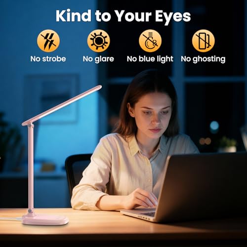Desk Lamp with Charger, 10%-100% Stepless Dimmable & 5 Color Modes Study Lamp, Touch Control, 30-/60-minute Timer, USB Charging Output Port, CRI≥90, Eye-Caring Foldable LED Desk Lamps for Home Office - color: Pink-US