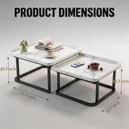 Nesting Coffee Table Set of 2 – Square Small Coffee Tables for Living Room, Bedroom, Balcony, Versatile End Table Set,Space Saving Mid Century Modern Nesting Coffee Tables Stackable, - color: White